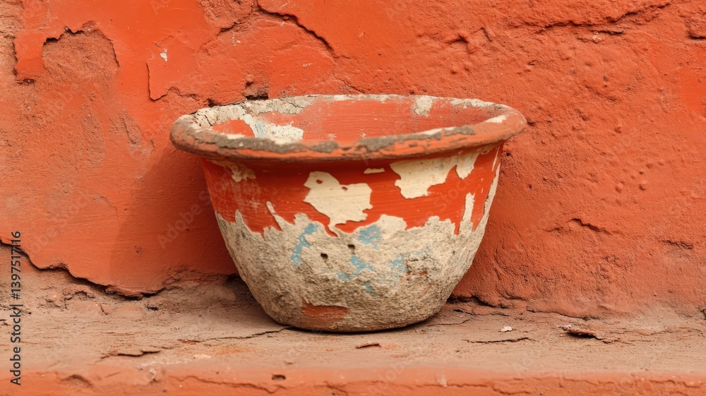 Weathered Terracotta Pot Against Red Wall