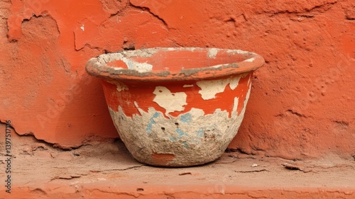 Obraz na płótnie Weathered Terracotta Pot Against Red Wall w salonie