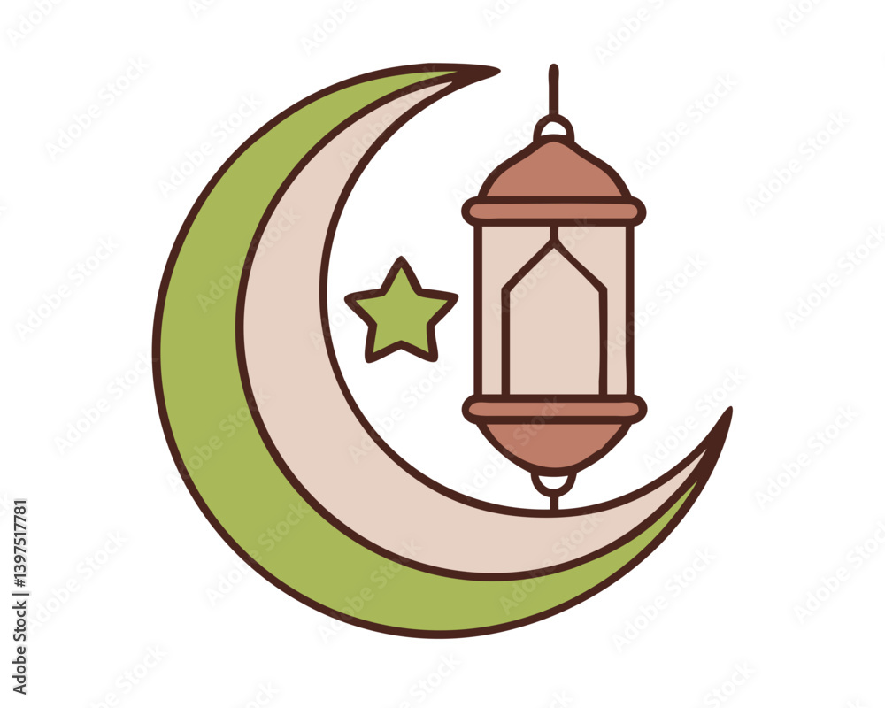 A crescent moon gently cradles a glowing Ramadan lantern, a single star twinkling nearby, symbolizing peace and hope during the holy month. Simple line art style. A crescent moon gently cradles a glowing Ramadan lantern, a single star twinkling nearby, symbolizing peace and hope during the holy month. Simple line art style.