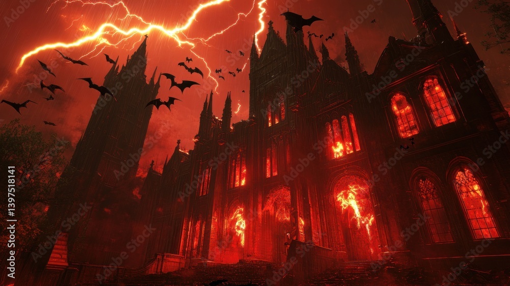 Fototapeta premium Burning Gothic Mansion Under Violent Storm