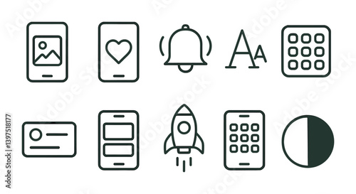 Minimalist linear app icon set: notifications, text, rocket, and more