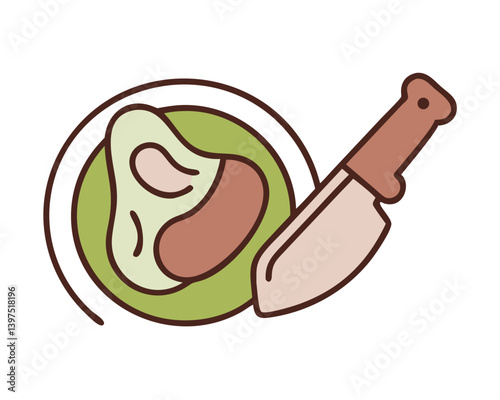 A freshly sliced avocado on a plate ready for a delicious meal, depicted with a simple knife in a charming, hand-drawn style.