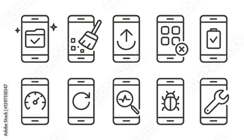 Mobile optimization icon set: linear style for cleaning, performance, and maintenance apps