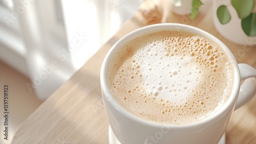 Warm latte with foam art on wooden table by window, inviting sunlight and cozy ambiance.
