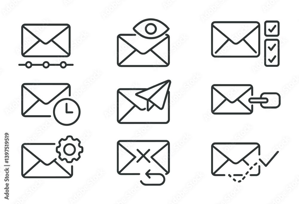 Linear email communication icons set featuring 9 unique designs Linear email communication icons set featuring 9 unique designs