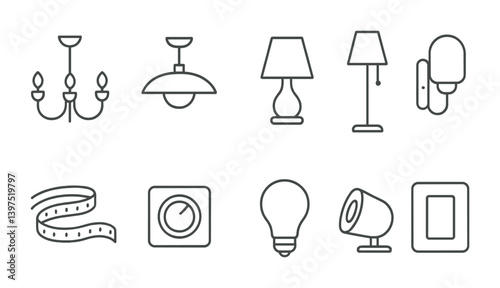 Linear lighting icons set featuring lamps, chandeliers, and switches for home decor