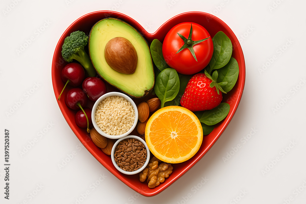 Heart-shaped bowl filled with a variety of healthy foods Heart-shaped bowl filled with a variety of healthy foods