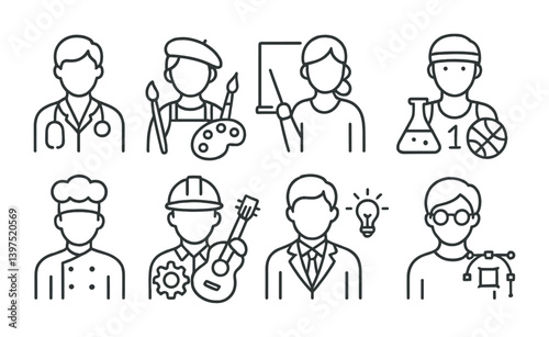 Linear icon set: diverse professional roles and occupations icons collection