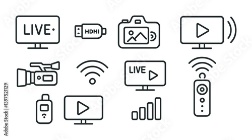 Live stream icon set: linear style icons for media and communication design
