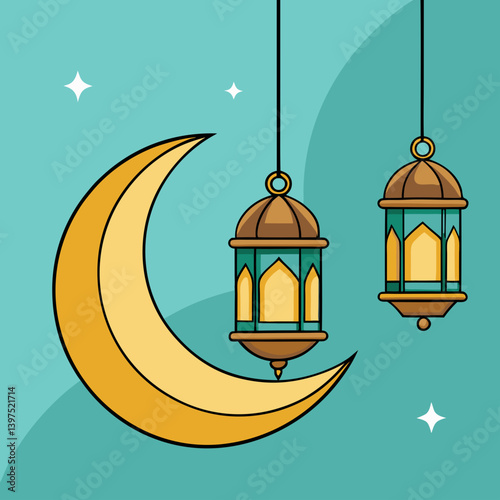Ramadan's crescent moon shines brightly, illuminating two elegant hanging lanterns, symbolizing peace and spirituality during this holy month with a teal background.