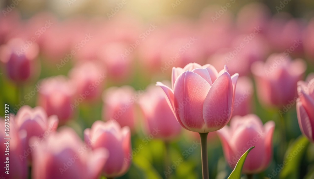 Pink Tulips Blooming in Sunlit Field During Springtime Morning Pink Tulips Blooming in Sunlit Field During Springtime Morning