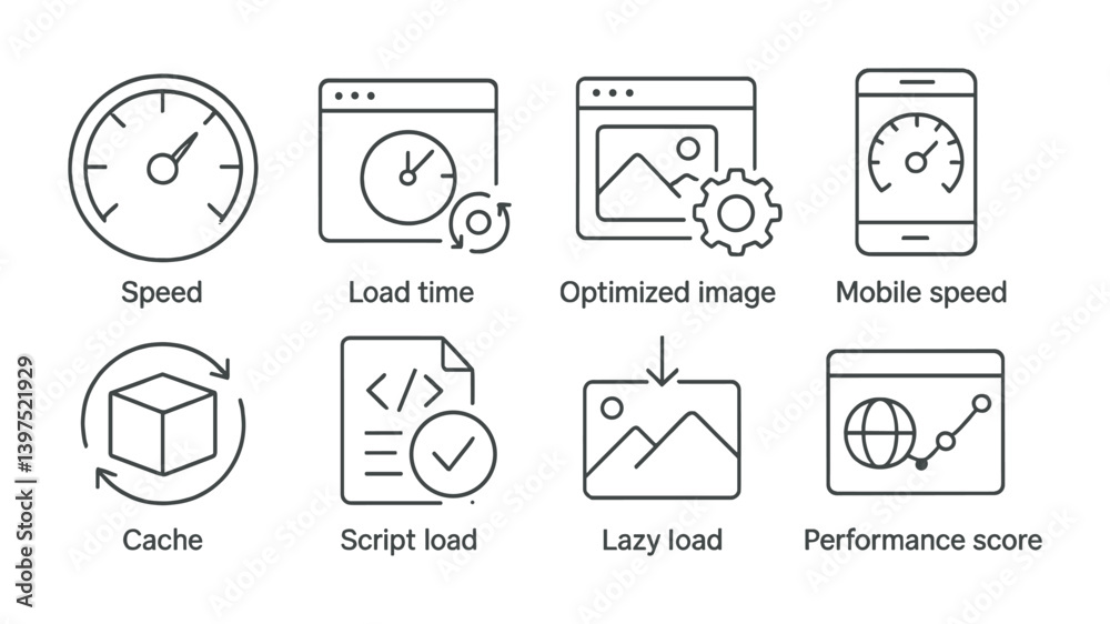 Website performance optimization linear icon set for fast loading Website performance optimization linear icon set for fast loading