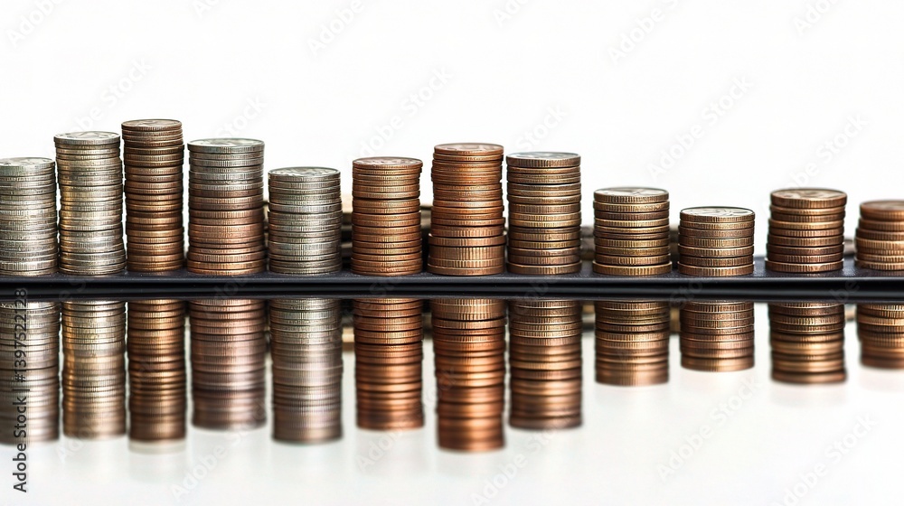 Double Exposure of Increasing Columns of Coins Displaying Value Growth Double Exposure of Increasing Columns of Coins Displaying Value Growth
