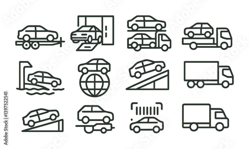 Car transportation and logistics linear icon set for efficient movements
