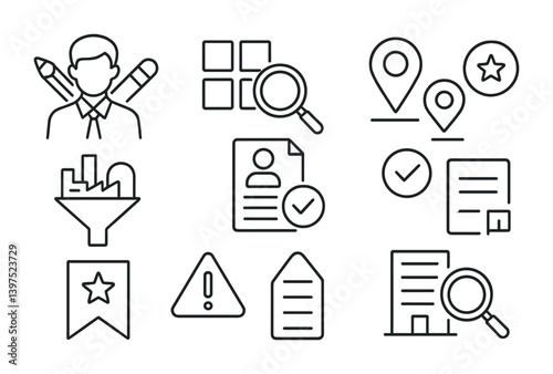 Business and productivity linear icons set featuring men, lists, filters, and search elements