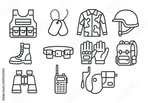 Military equipment linear icons set: armor, helmet, and more essentials