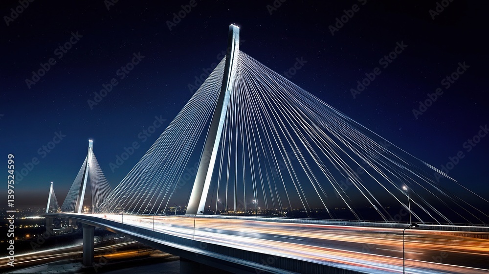 Obraz premium Serene Night View of Bridge with Light Streaks and Traffic Flow