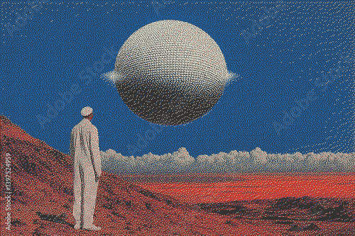 A humanoid figure gazes at a large celestial body in a surreal landscape.