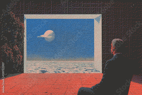 A man gazes at a surreal landscape through a framed opening.