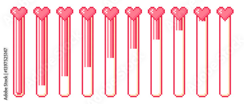 Set of pink hearts and life meters in pixel style. Pixel game life panels. Old game technology. Pixel life indicator tubes. Vector design in 8-bit retro style