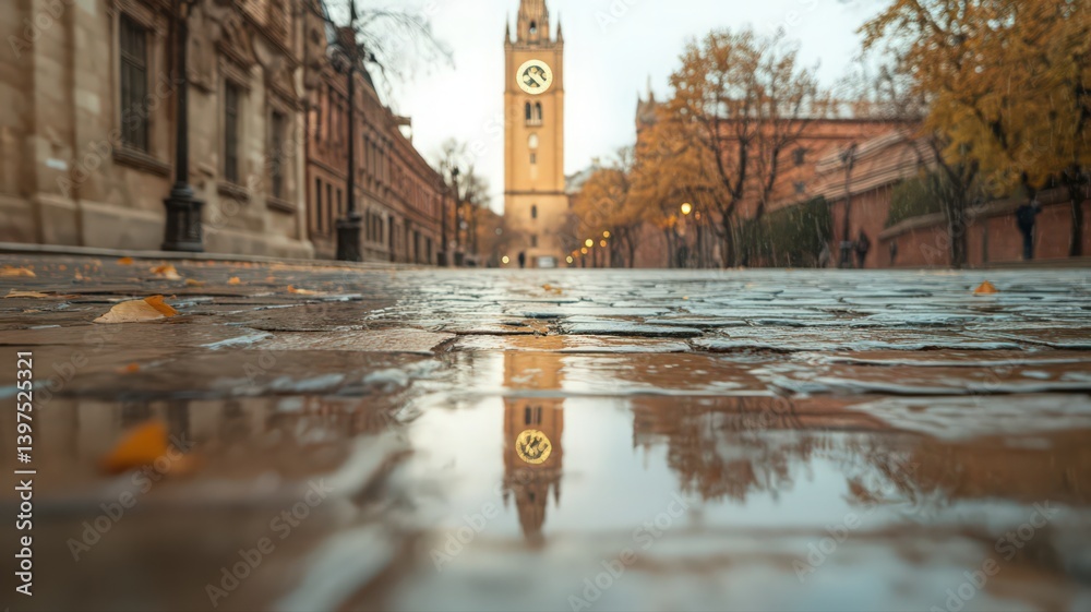 Wet Cobblestone Street Reflecting Clock Tower on Autumn Day