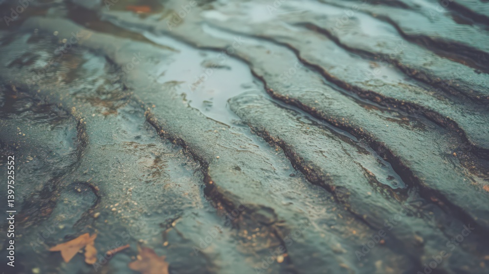Wet Sand Texture with Wavy Patterns and Autumn Leaves