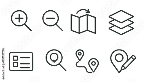 Essential map navigation icons set: zoom, location, layers, and more in linear style