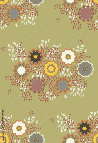 Stylized plant shapes in the form of flowers on a green background make up a vector seamless pattern.
