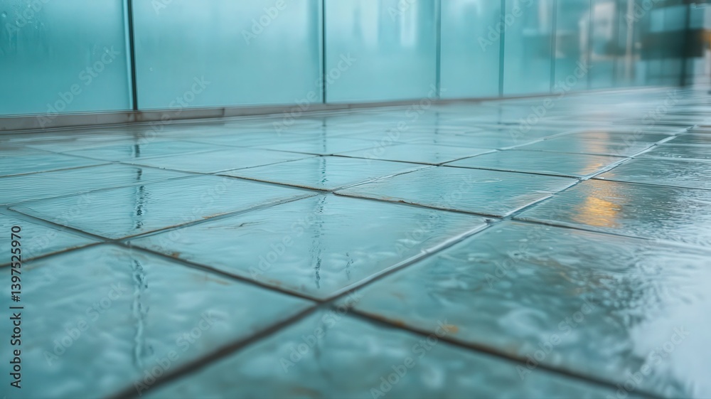 Wet Teal Tiles Reflecting Cityscape