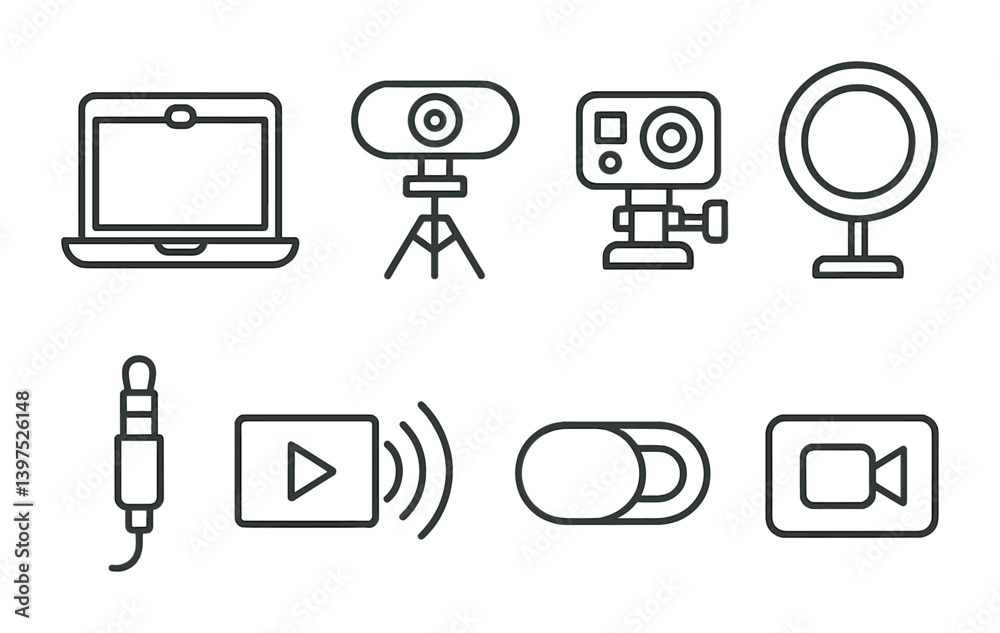 Online meeting essentials: linear icon set for webcam, microphone, video, and more Online meeting essentials: linear icon set for webcam, microphone, video, and more