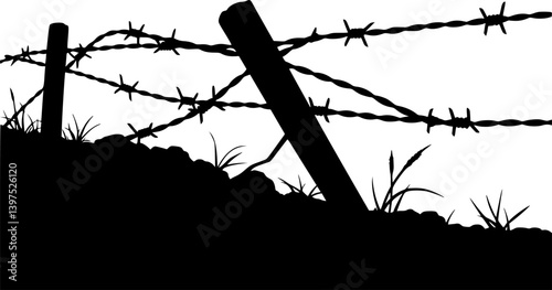 Silhouette of barbed wire and wooden stake on the ground. trench war elements vector background. vector set 

