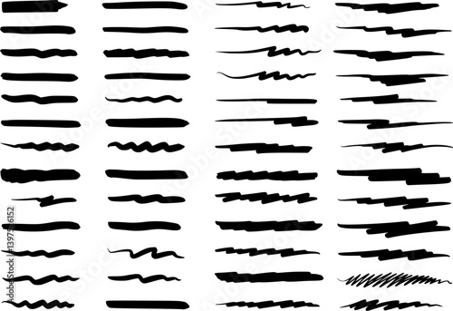 Black marker underline brush stroke set. Marker red pen highlights squiggle stroke. Vector swoosh brush handwritten underline set for accent, pencil emphasis element. Vector illustration 
