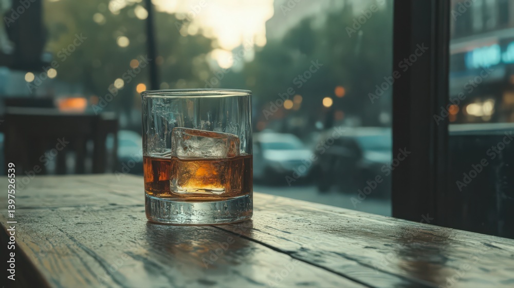 Whiskey Glass on Wooden Table with Rainy City Background