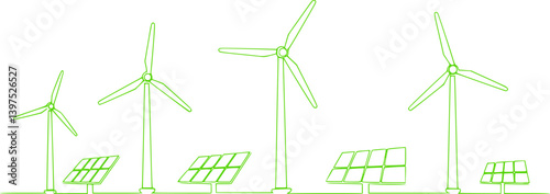 Single continuous line drawing of Renewable energy windmills and solar panels. Energy industrial Modern single line draw design vector graphic illustration 