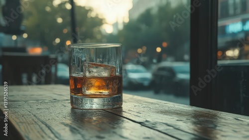 Obraz na płótnie Whiskey Glass on Wooden Table with Rainy City Background w salonie