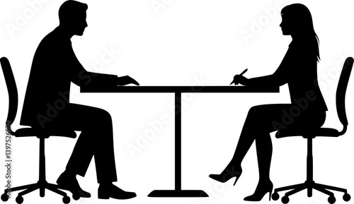 vector silhouette of a man and a woman at a table negotiating on a white background
