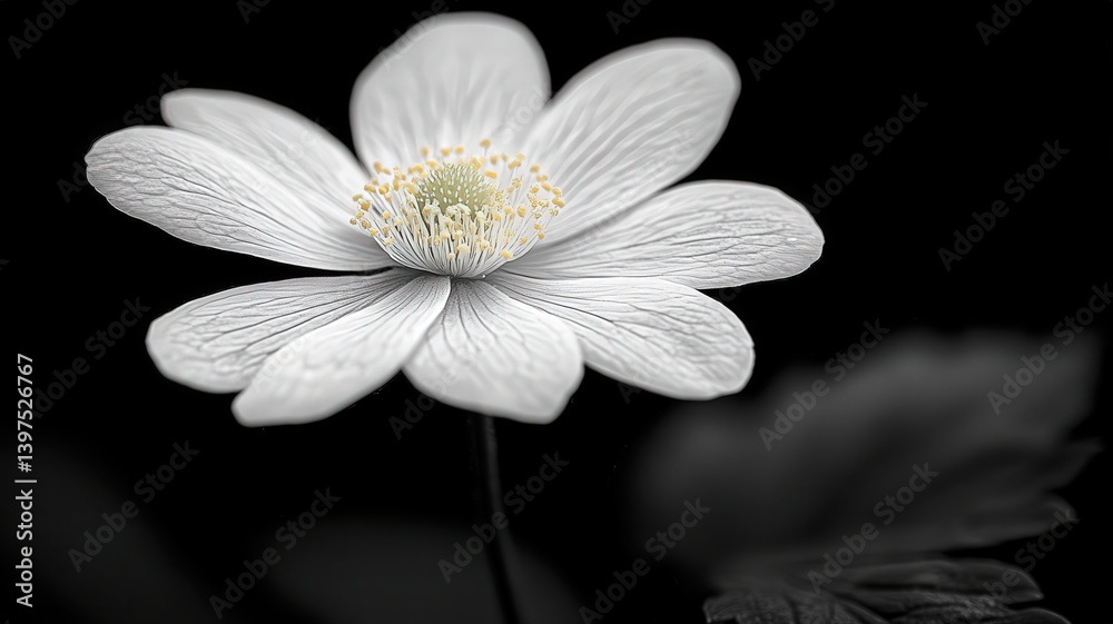 White Anemone Flower with Yellow Center in Selective Color against Blurred Monochrome Background