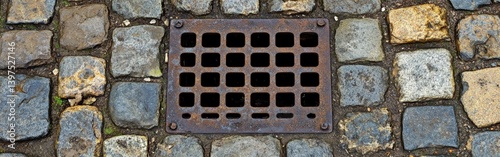 Close-up of a Wet Street Drain Absorbing Rainwater on a Stone Pavement