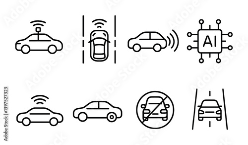 Self-driving car icons set: autonomous technology and ai line art collection
