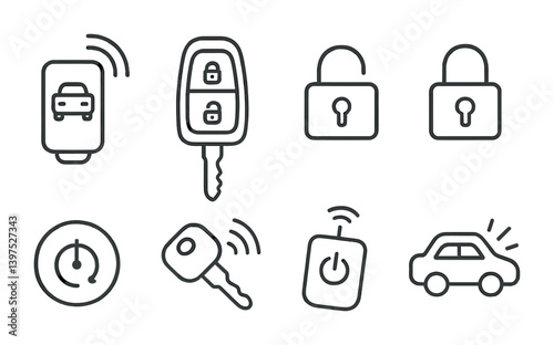 Essential car security icons set: linear style for safety and convenience