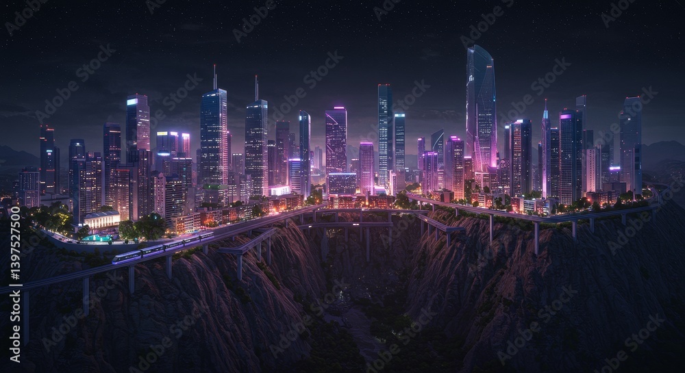 Obraz premium Futuristic Cityscape at Night - A stunning illustration of a futuristic city at night, nestled within a dramatic cliffside setting. High-rise buildings illuminate the landscape