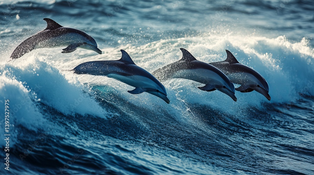 Fototapeta premium A pod of dolphins leaping out of the ocean waves in a display of nature's beauty and gracefulness