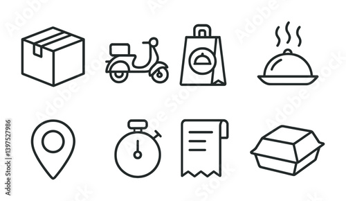 Delivery and takeout linear icon set: box, scooter, food bag, dish, location, timer, receipt, container