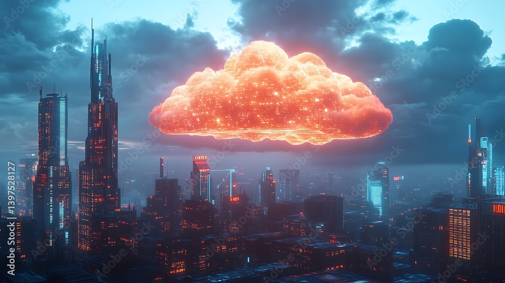 High tech glowing cloud of data hovering over a cityscape at night high resolution picture