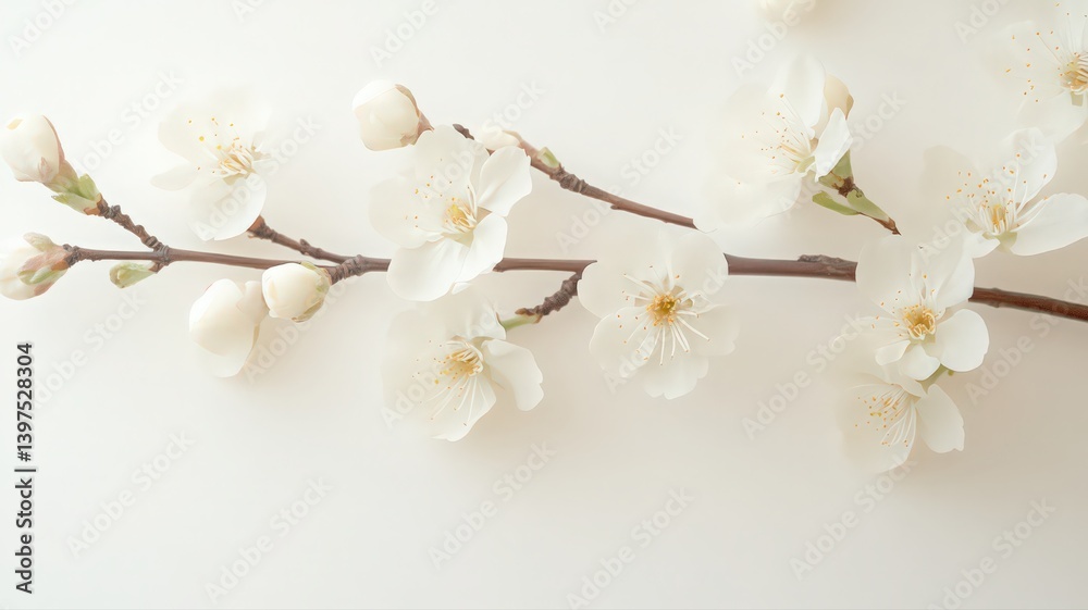 White Blossoms on Branch, Soft Lighting, White Background