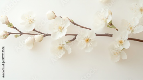 Obraz na płótnie White Blossoms on Branch, Soft Lighting, White Background w salonie