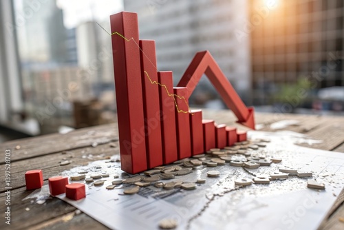 A declining financial graph with red bars, coins scattered on a document, reflecting a downturn in the economy.