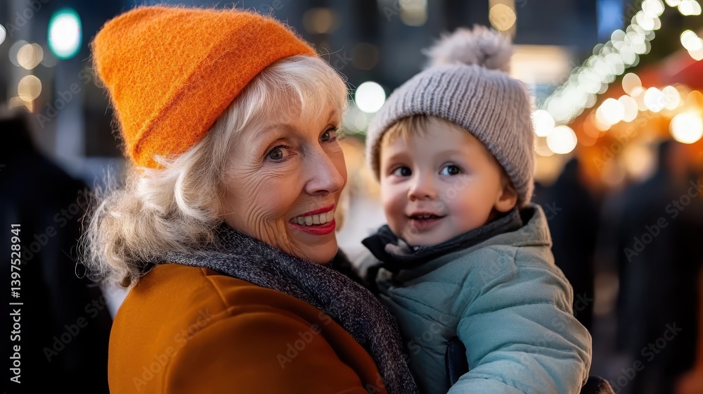 Obraz premium Joyful moments at the Christmas markets with grandmother and grandson