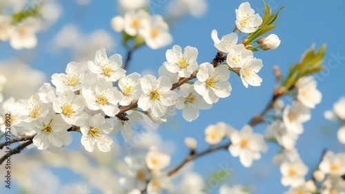 White Blossoms on Branch Against Blue Sky