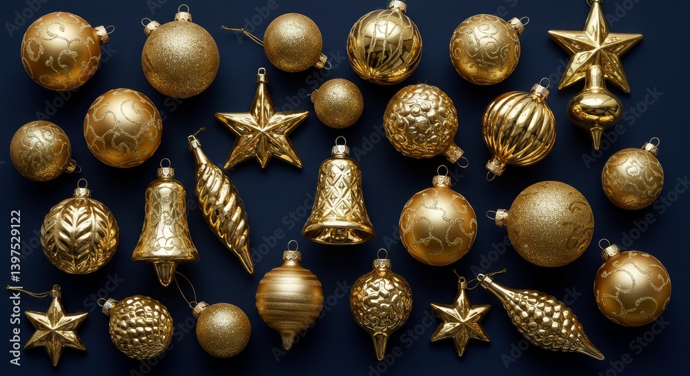 Fototapeta premium Gold Christmas Ornaments Collection - Elegant gold Christmas ornaments arranged on a dark blue background. Perfect for holiday decorations and festive designs